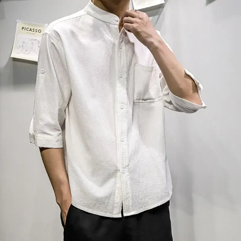 Man Shirt Linen and Cotton Oversize Shirts for Men Plain Half Sleeve Fashion 2025 Cheap Things with Comfortable Casual Tops I