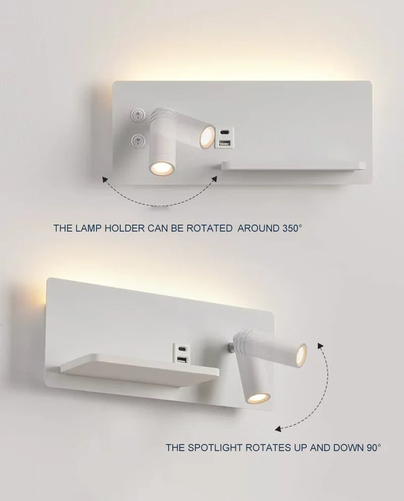 Nordic 12W LED Wall Light With USB Fast Charging  Modern Free Rotation Angle Wall Sconces for Bedroom Living Room Bedside