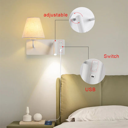 Nordic LED Wall Lamp Modern with Switch USB Wall Light Indoor Light Room Decor Reading Sconces For Hotel Bedside Bedroom Fixture