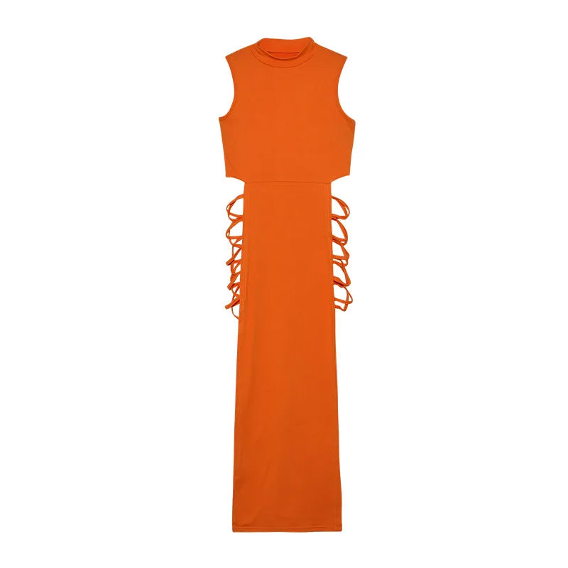 Women Sleeveless Turtleneck Bandage Tank Slit Dress Summer Fashion Sexy Slim Straps Dresses Long Hollow Out Irregular Vestidos