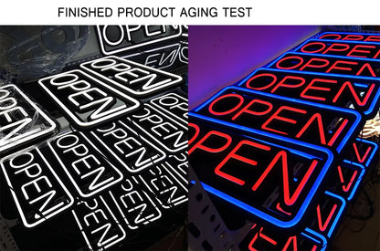 LED neon lights, store business signs, blue flashing lights, OPEN signs for shops and bars