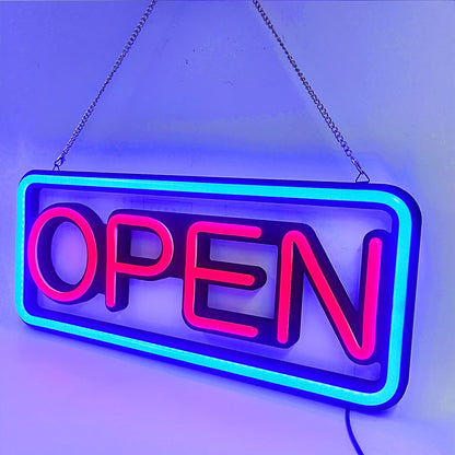 LED neon lights, store business signs, blue flashing lights, OPEN signs for shops and bars