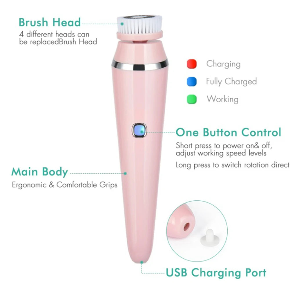 Facial Cleansing Brush 4 in 1 Electric Rechargeable Waterproof Rotating Face Cleaner Deep Pore Cleansing Skin Care Tool
