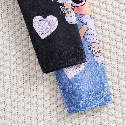 Clearance_Girls' 2pcs Cute Heart & Character Print Soft Knit Leggings - Mock Denim Style - Comfy Summer Outfit_Continuous update