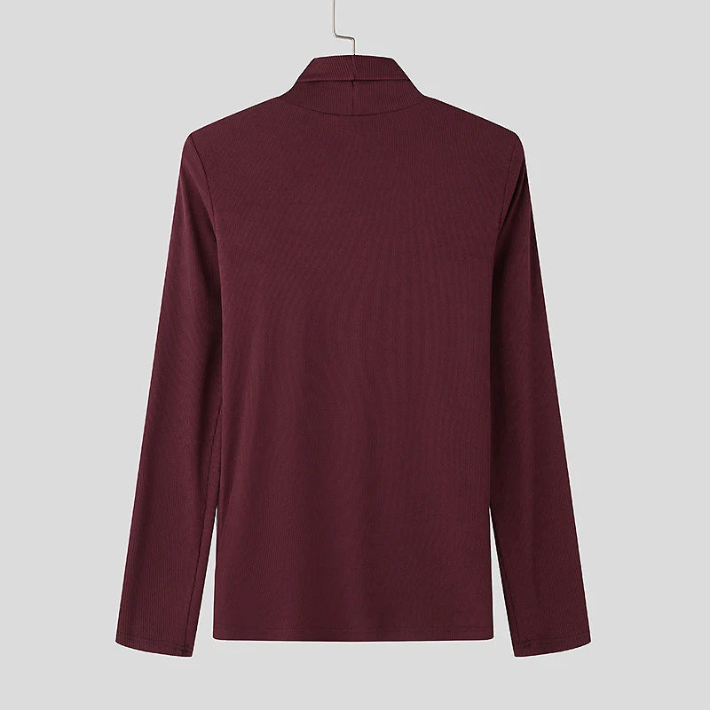 Stretch Slim Fit Bottoming T Shirts Mens Spring Trendy Irregular Button Design T-shirts Fashion Solid Color Men Turtleneck Tees