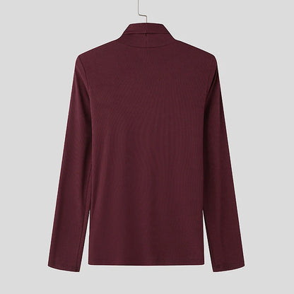 Stretch Slim Fit Bottoming T Shirts Mens Spring Trendy Irregular Button Design T-shirts Fashion Solid Color Men Turtleneck Tees