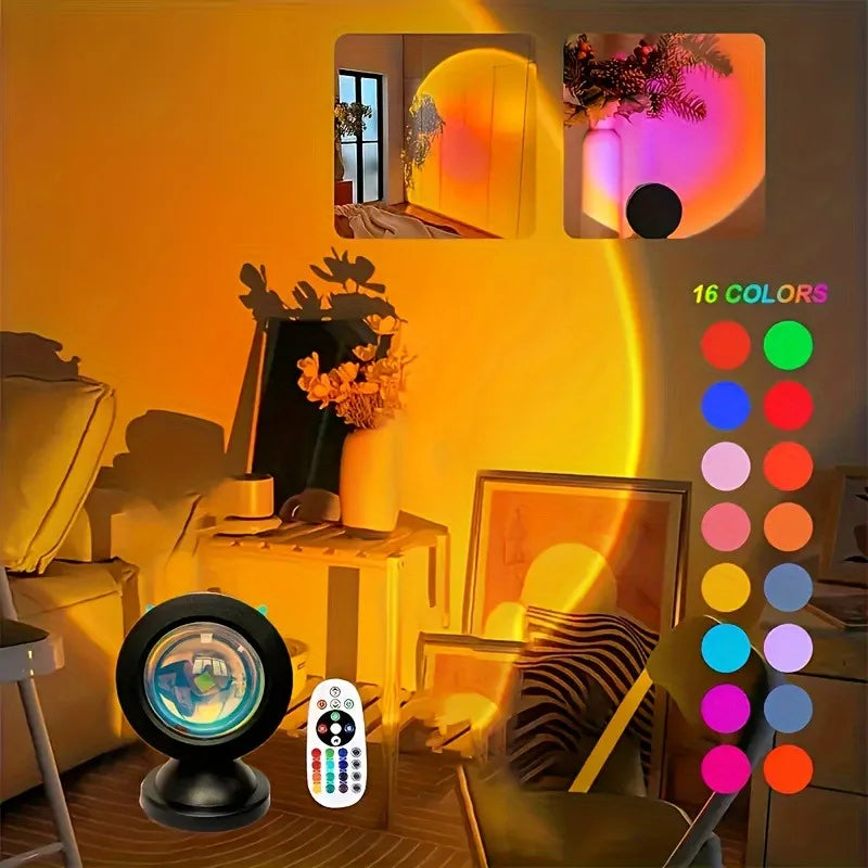 1pc Vibrant Sunset Projection Light - 16-Color Spectrum, USB Remote Control, Dynamic Color Changing LED Light -Creates Warm Home