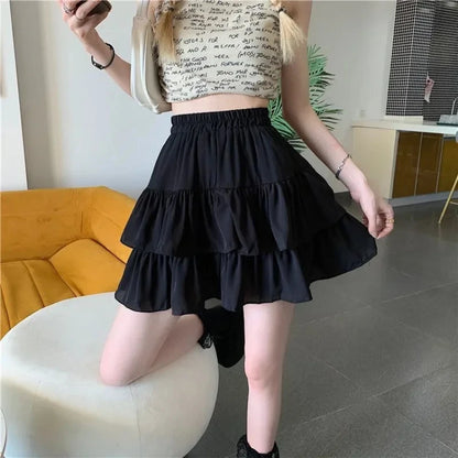 Summer Kawaii Mini A-line Skirt Adorable Flirty High Waist Ruffle Patchwork Lolita Ball Gown Y2K Korean Sweet Women's Clothing