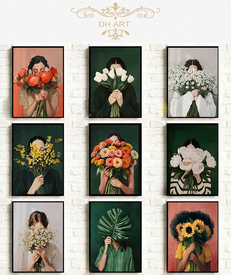 Canvas Wall Art Woman with Flower Portrait Painting Print for Bedroom Nordic Girl Home Decor Abstract Minimalism Poster