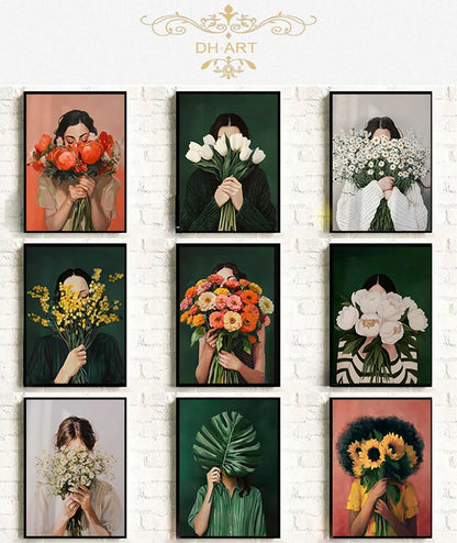 Canvas Wall Art Woman with Flower Portrait Painting Print for Bedroom Nordic Girl Home Decor Abstract Minimalism Poster