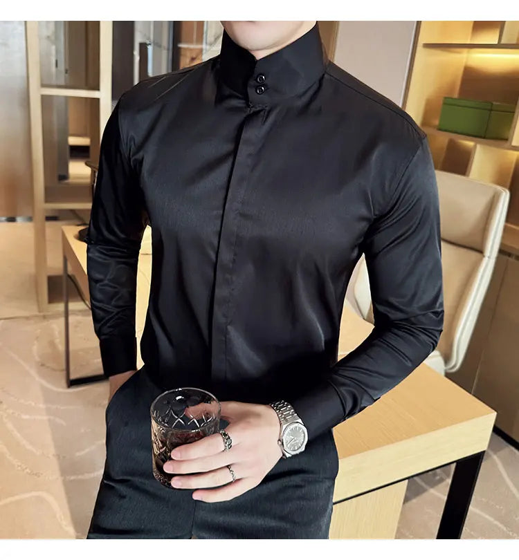 Mens Slim Fit Stand Shirt Fashion High collar Shirts Men Spring Autumn Solid Color Long Sleeve Korean Style Smart Casual Shirts