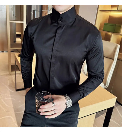 Mens Slim Fit Stand Shirt Fashion High collar Shirts Men Spring Autumn Solid Color Long Sleeve Korean Style Smart Casual Shirts