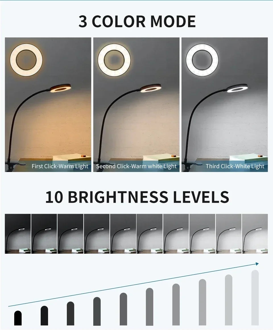 LED Desk Clip Study Lamp USB 3 Colours Adjustable Bedside Desk Night Lamp Multi-purpose Flexible Black Reading Lights