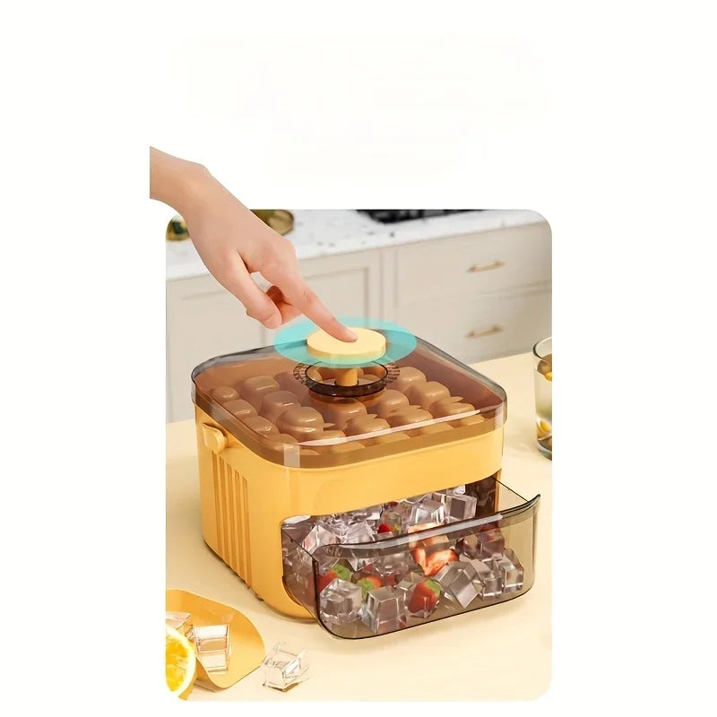 Compact Double Layer Ice Cube Tray with Lid and Bin, Pull-Out Ice Drawer with Portable Handle, Kitchen Accessories, Gadgets