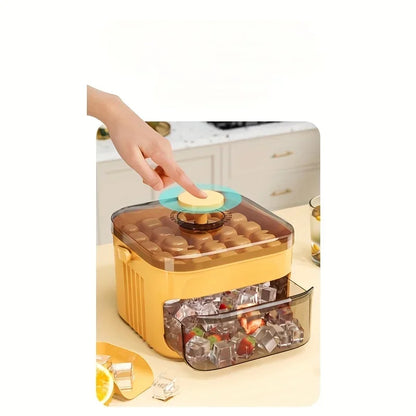 Compact Double Layer Ice Cube Tray with Lid and Bin, Pull-Out Ice Drawer with Portable Handle, Kitchen Accessories, Gadgets