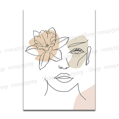 Wall Art Canvas Painting Line Girl Face Flowers Modern Minimalist Nordic Posters and Prints Wall Pictures for Living Room Decor