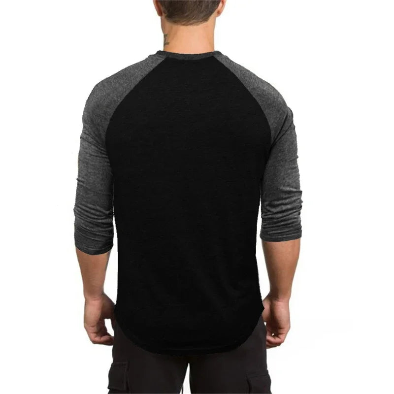 Men Slim Fit Sport Casual Sport T-shirts Gym Fitness Muscle Three Quarter Shirts Autumn Breathable Cotton Bodybuilding Clothing