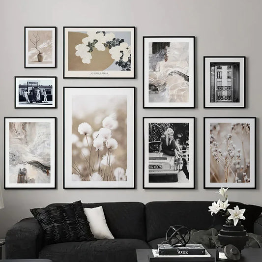 Wall Art Beige Flower Circular Vintage Black White Photo Print Living Room Decoration Poster Canvas Painting Wall Pictures