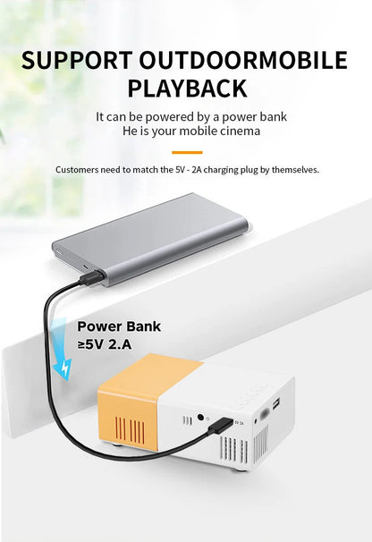 Portable mini projector, supports wired screen mirroring, support full HD 1080p, outdoor and indoor use, easily portable.