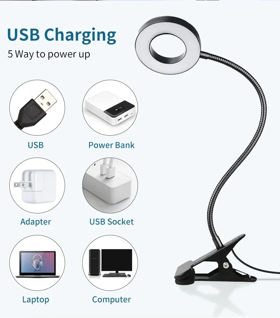 LED Desk Clip Study Lamp USB 3 Colours Adjustable Bedside Desk Night Lamp Multi-purpose Flexible Black Reading Lights