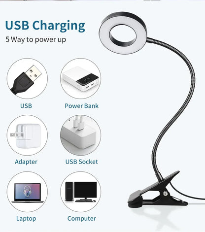 LED Desk Clip Study Lamp USB 3 Colours Adjustable Bedside Desk Night Lamp Multi-purpose Flexible Black Reading Lights