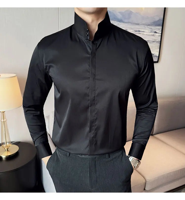 Mens Slim Fit Stand Shirt Fashion High collar Shirts Men Spring Autumn Solid Color Long Sleeve Korean Style Smart Casual Shirts