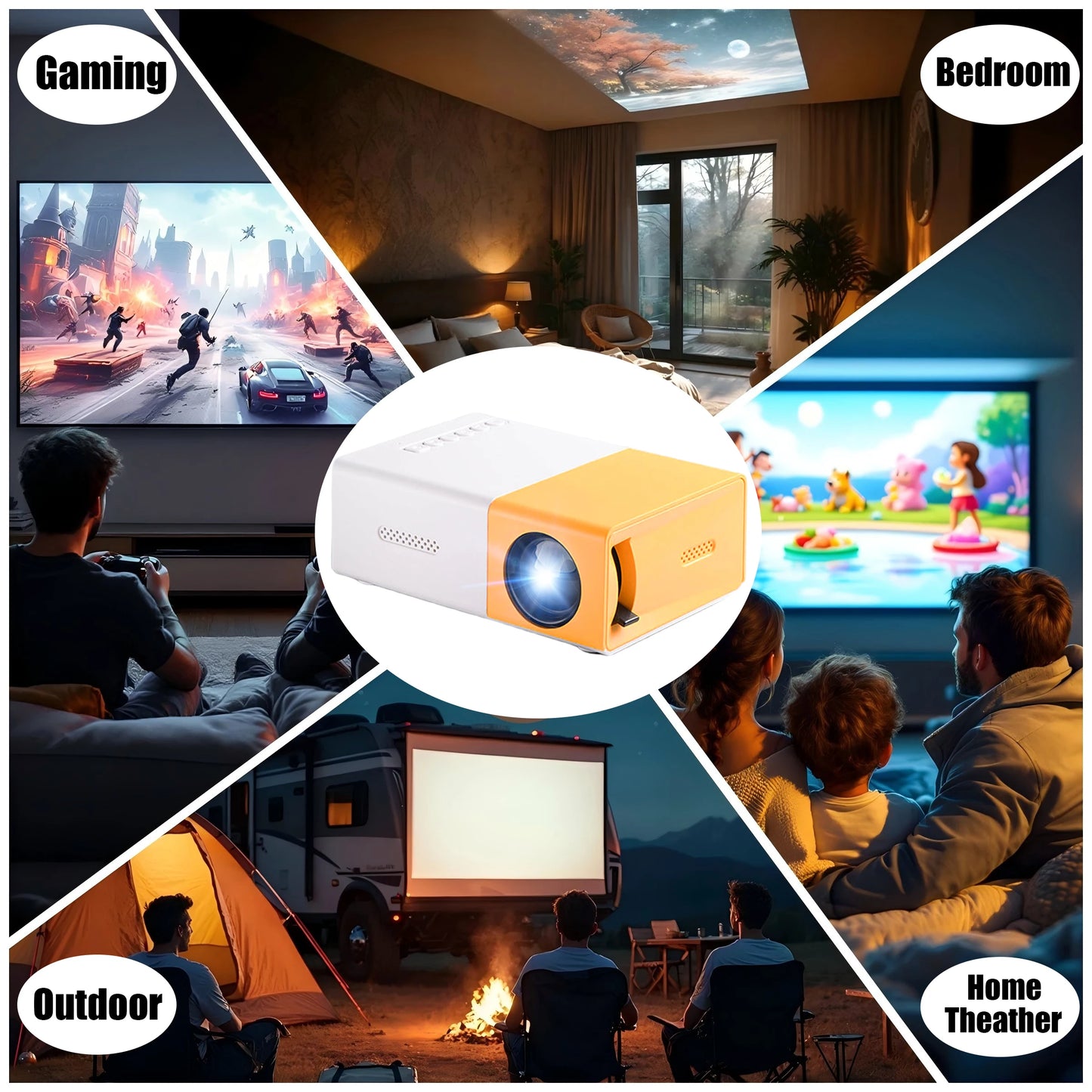 Portable mini projector, supports wired screen mirroring, support full HD 1080p, outdoor and indoor use, easily portable.