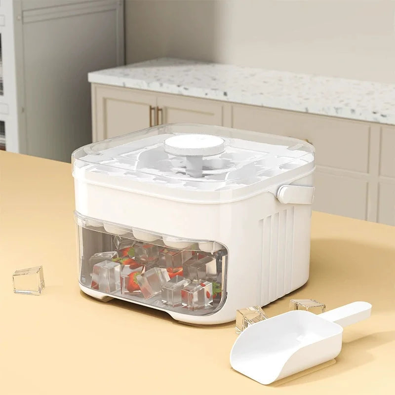 Compact Double Layer Ice Cube Tray with Lid and Bin, Pull-Out Ice Drawer with Portable Handle, Kitchen Accessories, Gadgets