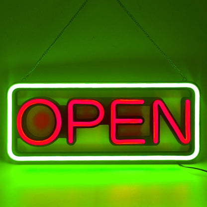 LED neon lights, store business signs, blue flashing lights, OPEN signs for shops and bars