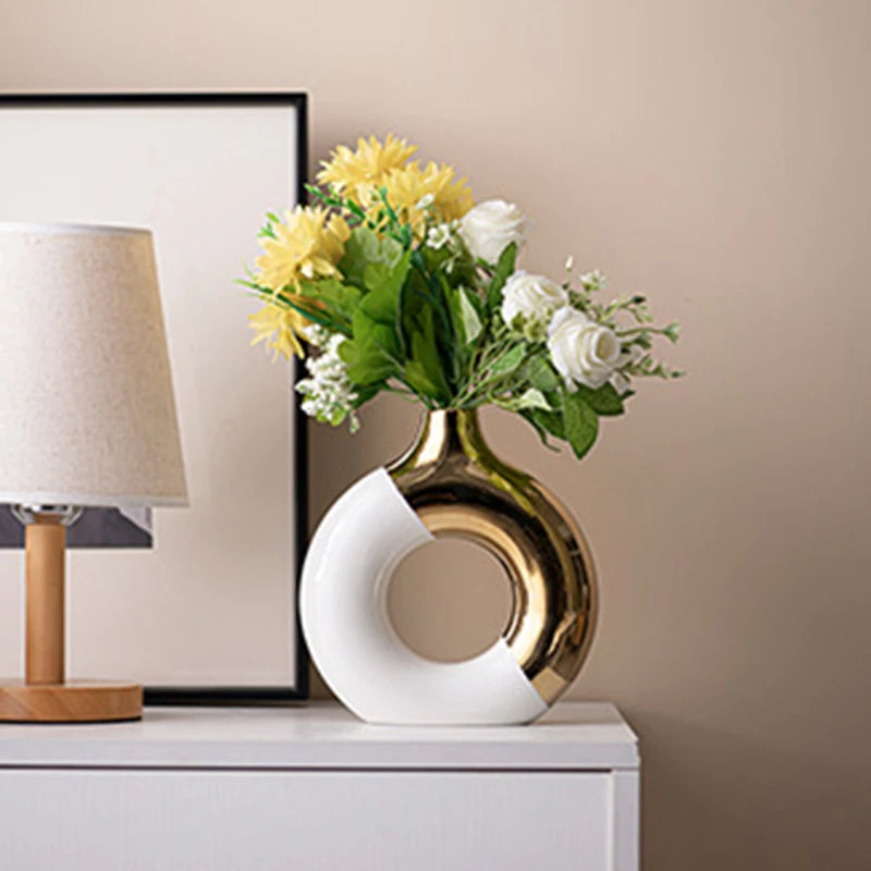 Ceramic Flower Vases For Living Room Luxury Nordic Plant Pot,Dinning Table Hotel Home Decoration,Wedding Festival Artwork Golden