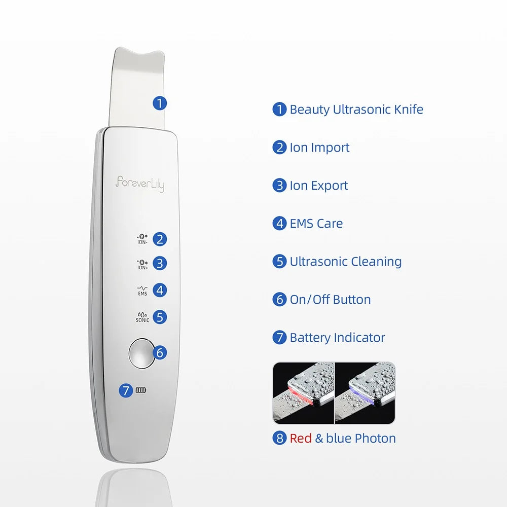 6 in 1 EMS Ultrasonic Skin Scrubber ION LED Photon Skin Lifting Massager Face Spatula Blackhead Remover Facial Deep Cleansing