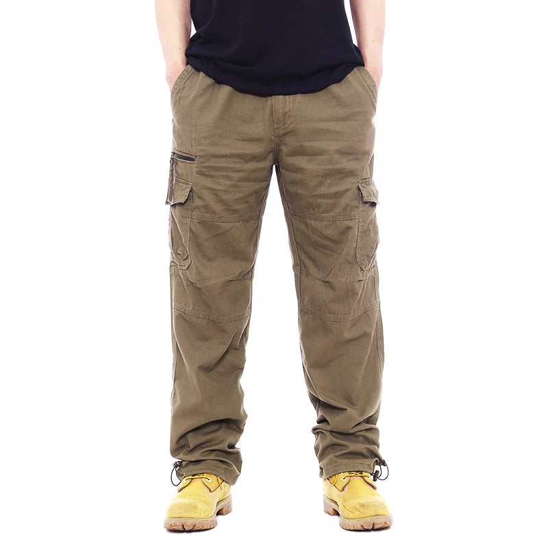 2025 Cargo Pants Men 100% Cotton Multiple Pockets Elastic Waist Casual Trousers Outdoor Hiking Climbing Mountains Men's Pants