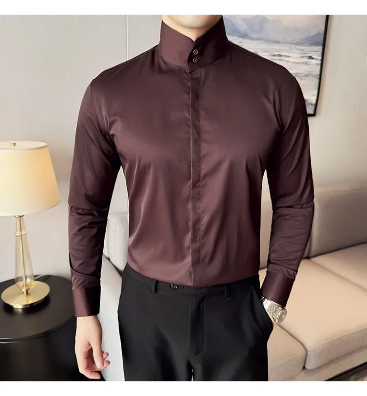 Mens Slim Fit Stand Shirt Fashion High collar Shirts Men Spring Autumn Solid Color Long Sleeve Korean Style Smart Casual Shirts
