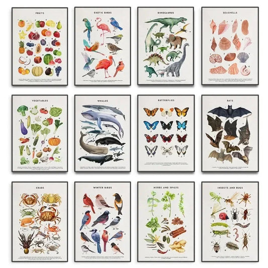Canvas Painting Wall Art Educational Illustration Prints Poster Animals Plants Insect Fruits Chart Nursery Kids Room Home Decor