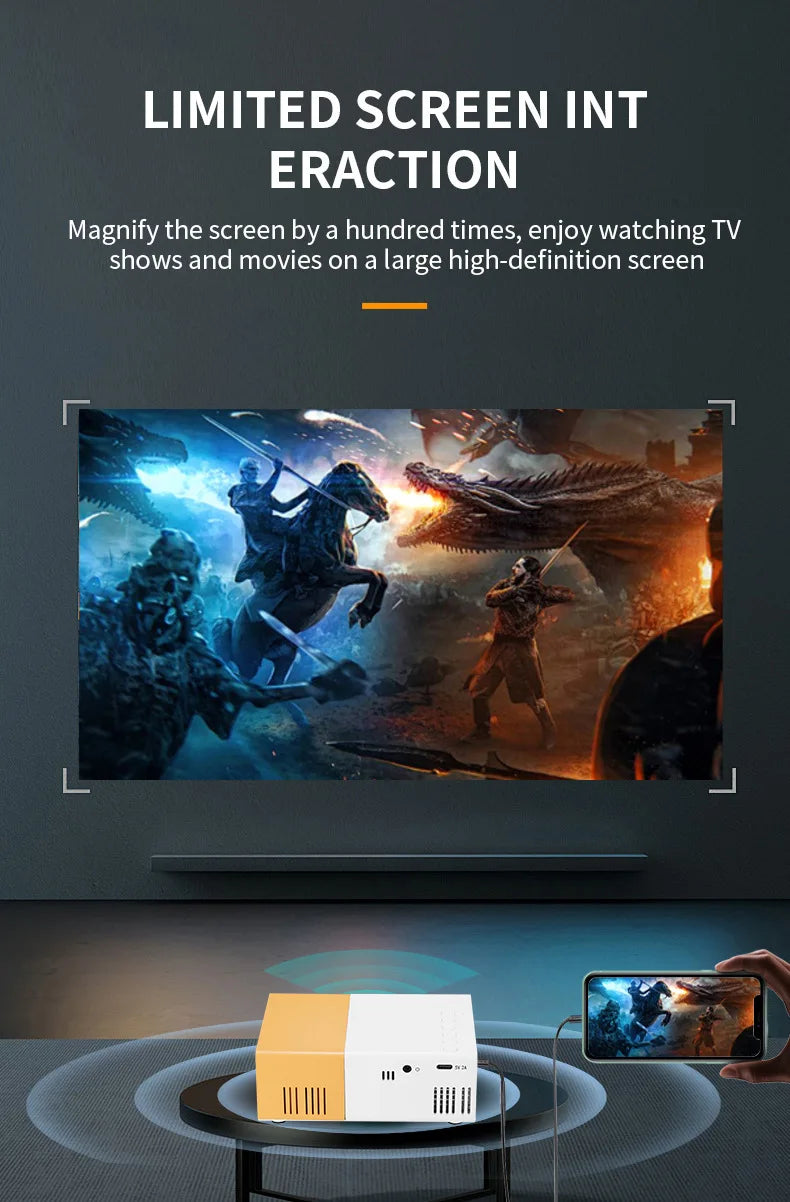 Portable mini projector, supports wired screen mirroring, support full HD 1080p, outdoor and indoor use, easily portable.