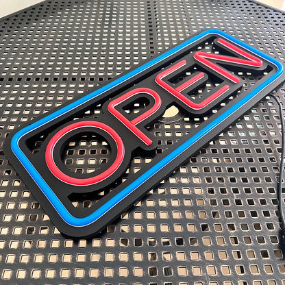 LED neon lights, store business signs, blue flashing lights, OPEN signs for shops and bars
