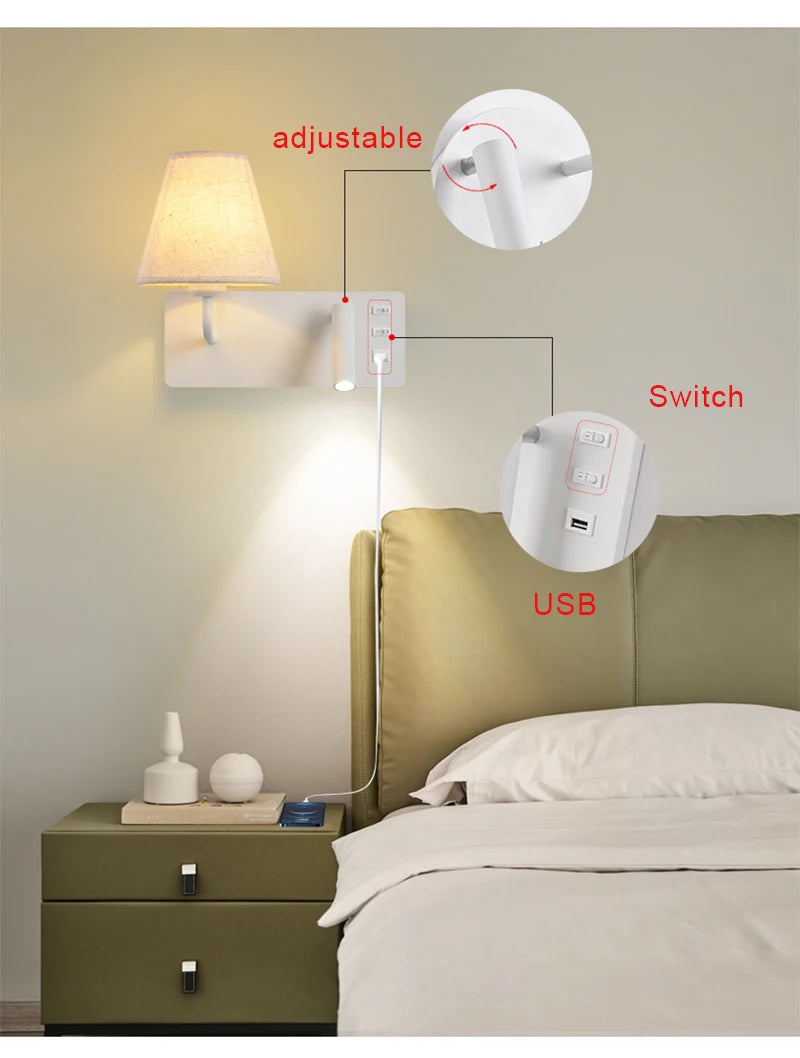 Nordic LED Wall Lamp Modern with Switch USB Wall Light Indoor Light Room Decor Reading Sconces For Hotel Bedside Bedroom Fixture