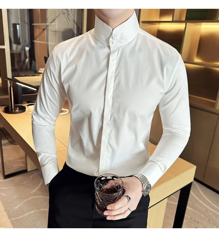 Mens Slim Fit Stand Shirt Fashion High collar Shirts Men Spring Autumn Solid Color Long Sleeve Korean Style Smart Casual Shirts