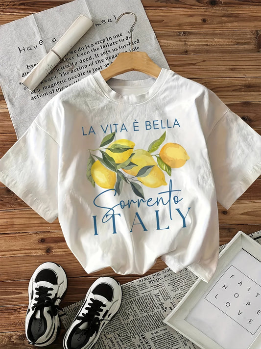 100% Cotton Loose Graphic Lemon Print T-Shirt Short Sleeve Crew Neck Casual Top for Summer Spring Women'S Clothing