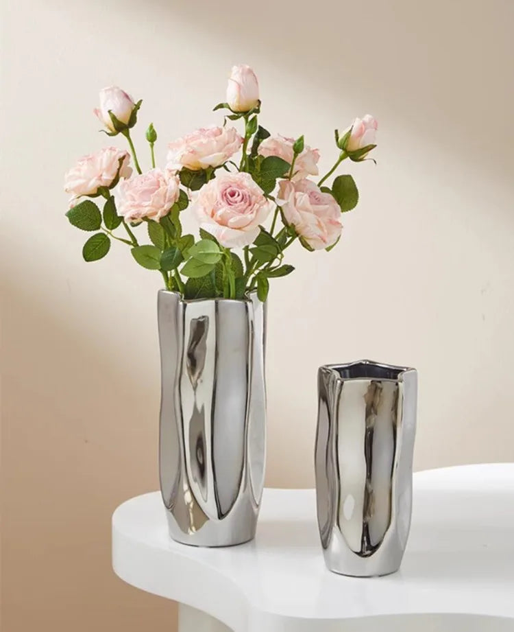 Ceramic Vase Luxury Electroplated Silver Flower Arrangement Irregular Porcelain Hydroponic Vase Ornament Interior Art Decoration