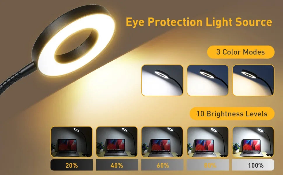 48 LEDs Desk Lamp Clip USB Book Light Bedside 360° Flexible Eye Protection Gooseneck Reading Light Brightness Adjustable 3 Leve