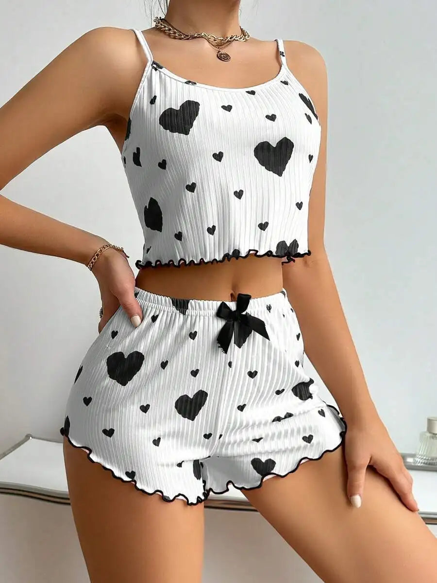 New Women's Pajama Set Knitted Love Printed Sweet Strap Shorts S M L White Breathable Casual Love Printed Home Pajama Set