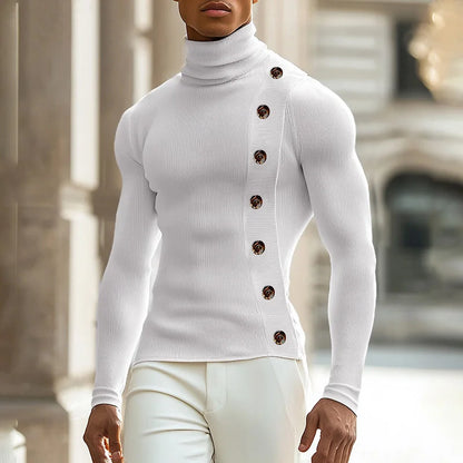 Stretch Slim Fit Bottoming T Shirts Mens Spring Trendy Irregular Button Design T-shirts Fashion Solid Color Men Turtleneck Tees