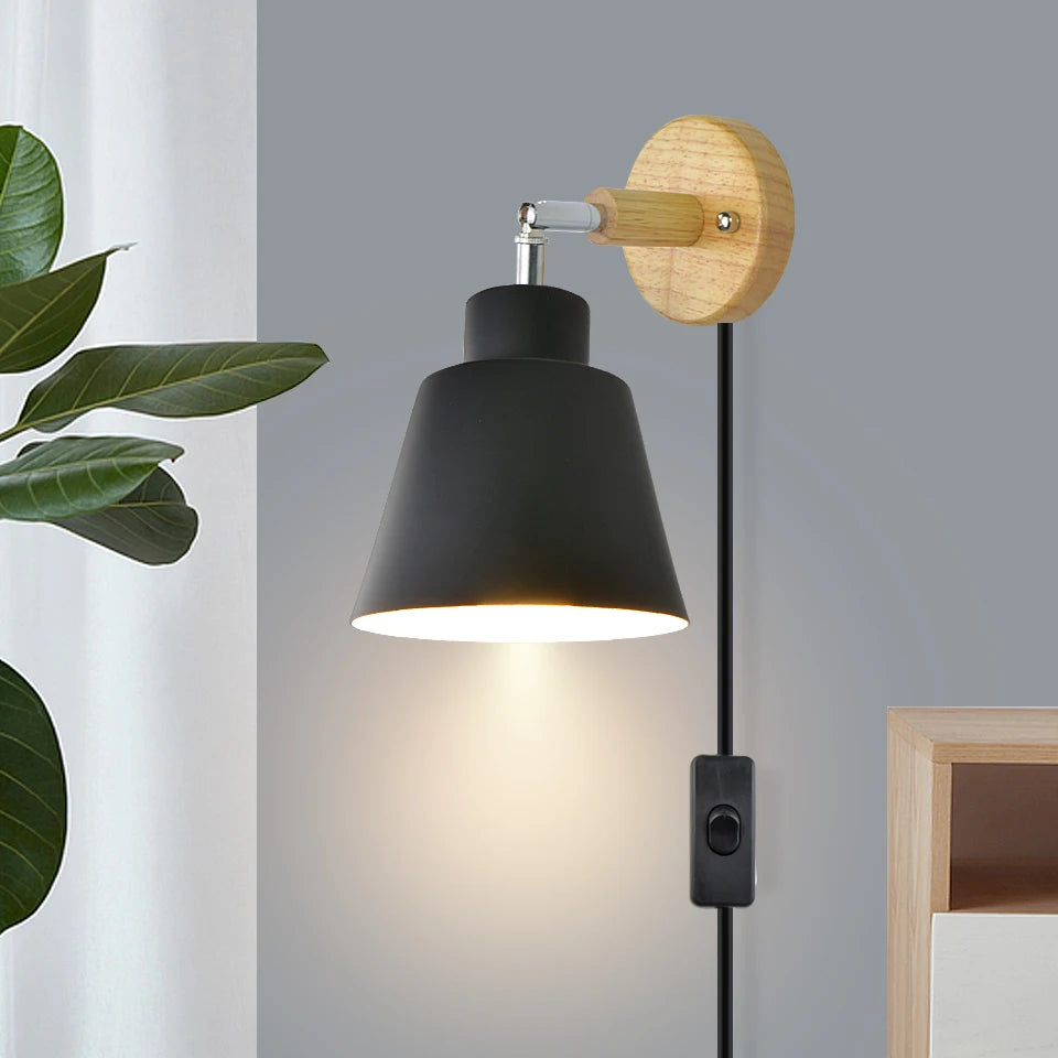 Nordic Wall Light Indoor DIY E27 Wooden 6 Colors EU/UL Plug 350° Wall Lamps for Living Room Bedroom Aisle Sconce Fixtures