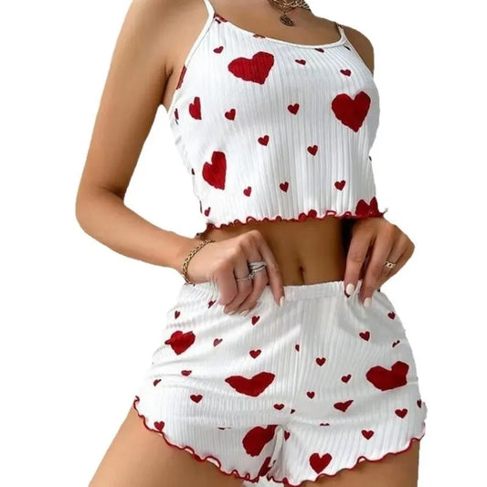 New Women's Pajama Set Knitted Love Printed Sweet Strap Shorts S M L White Breathable Casual Love Printed Home Pajama Set