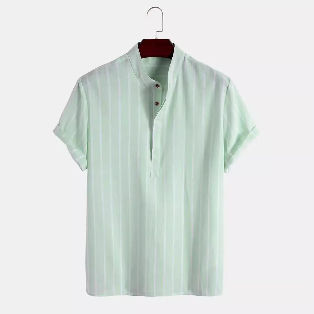 Men Fashion Striped Shirt Short Sleeve Casual Linen Shirts Tops Male Formal Social t-Shirts Stand-Up Collar Shirts Man Clothes