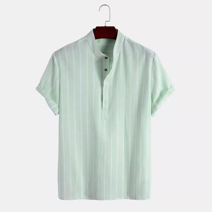Men Fashion Striped Shirt Short Sleeve Casual Linen Shirts Tops Male Formal Social t-Shirts Stand-Up Collar Shirts Man Clothes