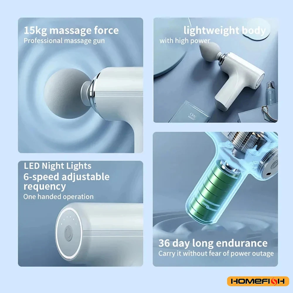 HOMEFISH  Portable Electric Massage Gun  with 4 Interchangeable Heads & LED Light for Full Body Relaxation Electric Massage Gun