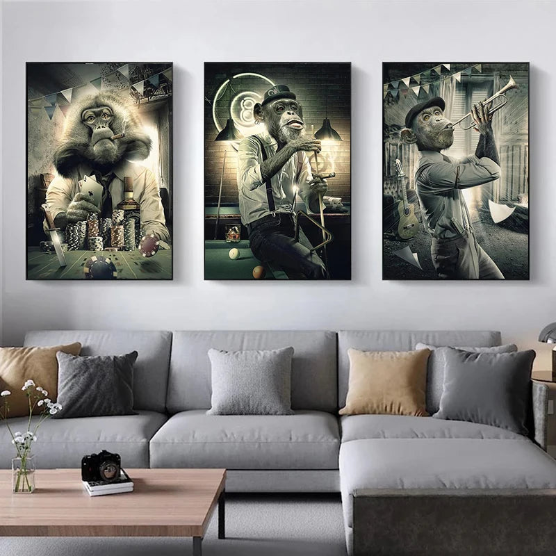Abstract Animal Wall Art Posters Graffiti Art Smoking Monkey Playing Cards Billiard Room Bar Canvas Painting Parlor Decoration