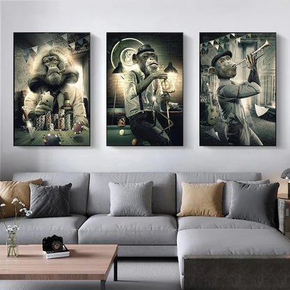 Abstract Animal Wall Art Posters Graffiti Art Smoking Monkey Playing Cards Billiard Room Bar Canvas Painting Parlor Decoration